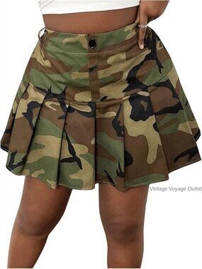 Plus Size High Waisted Pleated A-Line Skirt Camo Print Lightweight